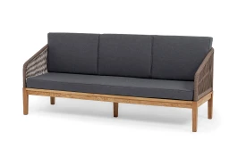 "Канны" диван 3-местный плетеный из роупа, основание дуб, роуп коричневый круглый, ткань темно-серая 027