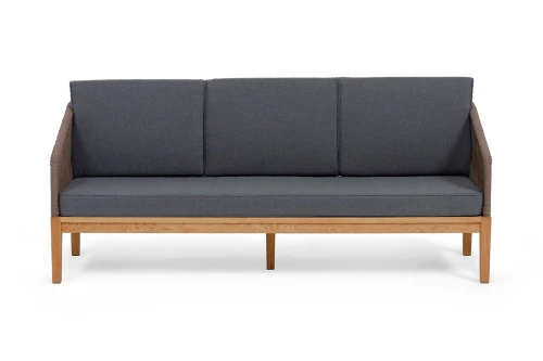 "Канны" диван 3-местный плетеный из роупа, основание дуб, роуп коричневый круглый, ткань темно-серая 027