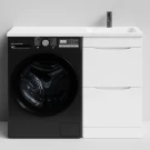 Тумба Смайл 110 напольный, под стиральную машину, правая, белый глянец Vodok с раковиной в комплекте