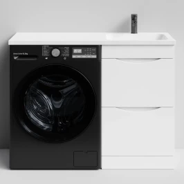 Тумба Смайл 110 напольный, под стиральную машину, правая, белый глянец Vodok с раковиной в комплекте