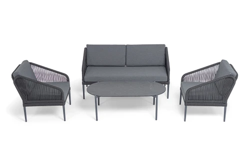 "Канны" лаунж-зона 4-местная (разборная) из роупа со столиком "Диего" цвета "серый гранит", роуп темно-серый круглый, ткань темно-серая