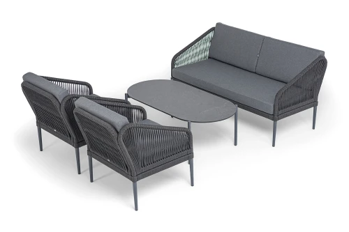 "Канны" лаунж-зона 4-местная (разборная) из роупа со столиком "Диего" цвета "серый гранит", роуп темно-серый круглый, ткань темно-серая