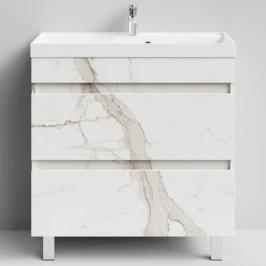 Тумба Бест 80  напольный, Мрамор Белый натур милк ПВХ 2537 Vodok с раковиной в комплекте