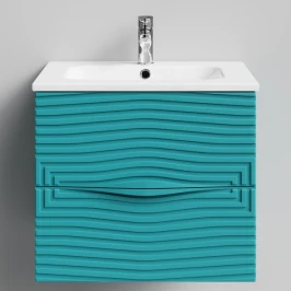 Тумба Эйфория 60 F5, пример RAL 5021 Водная синь, матовая, 2 ящика, подвесной Vodok с раковиной в комплекте