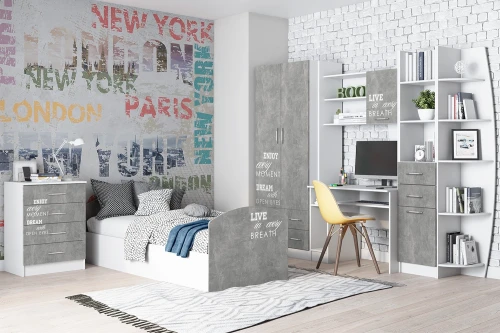 Стенка Юниор-2 Лофт, Бетон светлый, Белый