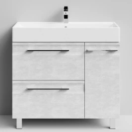 Тумба Мальта 90 напольный, ящики и дверь, Белый камень ПВХ 57805, правый Vodok с раковиной в комплекте
