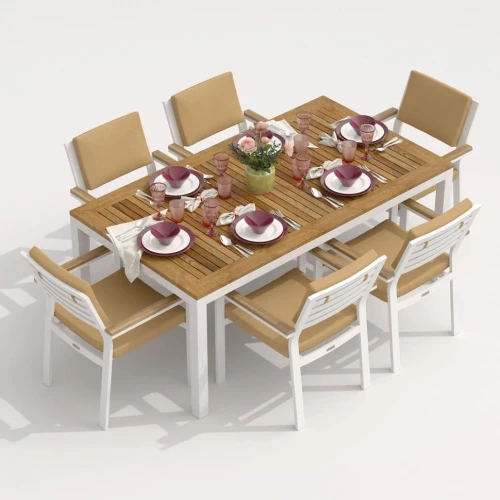 Обеденная группа TELLA  BONTA каркас белый / стол тик 180 / ткань бежевая