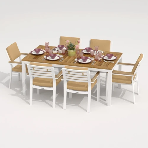 Обеденная группа TELLA  BONTA каркас белый / стол тик 180 / ткань бежевая