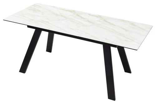 Стол Морис 140 БЕЖЕВЫЙ МРАМОР, стекло/ ЧЕРНЫЙ М-City