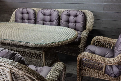 Обеденный комплект садовой мебели МЭДИСОН «MADISON» овальный стол + 3-х местный диван + 2 кресла с подушками на сиденье и спинку