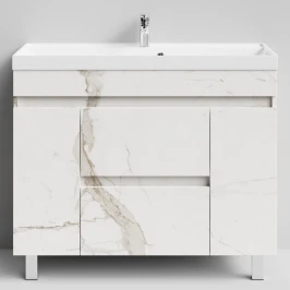Тумба Бест 100 (2 ящика, 2 двери) напольный, Мрамор Белый натур милк ПВХ 2537 Vodok с раковиной в комплекте
