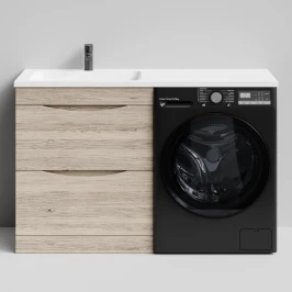 Тумба Смайл 130 напольный, под стиральную машину, левая, Дубослив ореховый светлый ПВХ 3445 Vodok с раковиной в комплекте