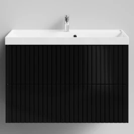 Тумба Тач 90 подвесной, черный глянец Vodok с раковиной в комплекте