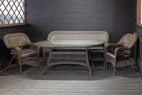 Обеденный комплект садовой мебели МЭДИСОН «MADISON» овальный стол + 3-х местный диван + 2 кресла с подушками на сиденье