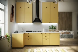 Кухонный гарнитур трехуровневый Перфетта 2600х1000 Горчица Софт МДФ угловой