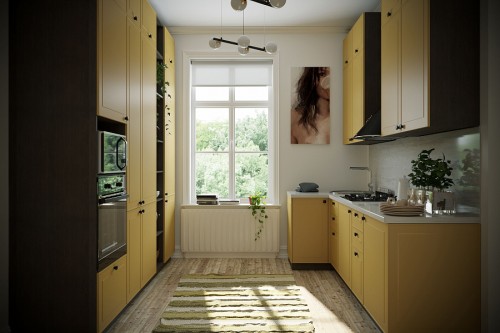 Кухонный гарнитур трехуровневый Перфетта 2600х1000 Горчица Софт МДФ угловой