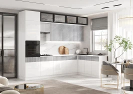 Кухня Оливия NEW 3,0х1,8м, Белый глянец холодный / Мрамор глянец, Белый