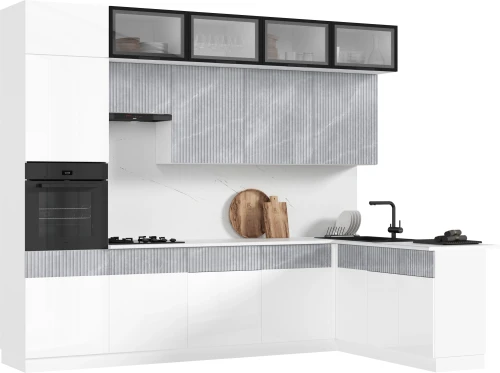 Кухня Оливия NEW 3,0х1,8м, Белый глянец холодный / Мрамор глянец, Белый