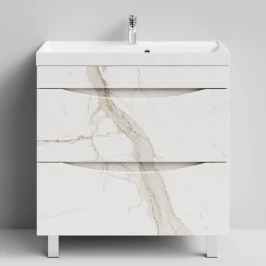 Тумба Лайт 80 напольный, Мрамор Белый натур милк ПВХ 2537 Vodok с раковиной в комплекте