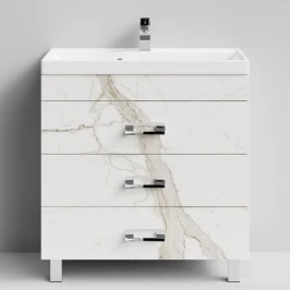Тумба Орландо 80 напольный, Мрамор Белый натур милк ПВХ 2537 Vodok с раковиной в комплекте