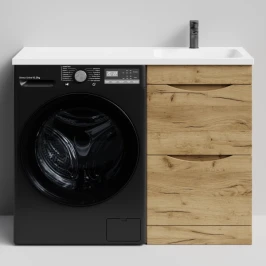 Тумба Смайл 110 напольный, под стиральную машину, правая, Дуб Тортуга ПВХ 2357-43 Vodok с раковиной в комплекте