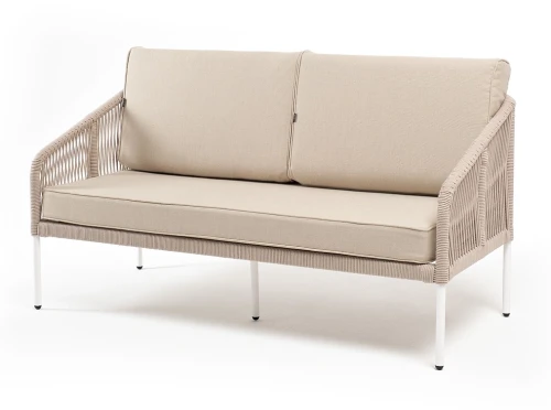 "Канны" диван 2-местный плетеный из роупа, каркас алюминий белый муар, роуп бежевый круглый, ткань бежевая 15052