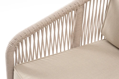 "Канны" диван 2-местный плетеный из роупа, каркас алюминий белый муар, роуп бежевый круглый, ткань бежевая 15052