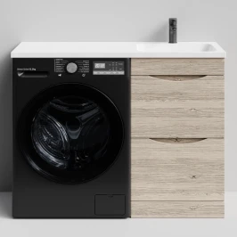 Тумба Смайл 110 напольный, под стиральную машину, правая, Дубослив ореховый светлый ПВХ 3445 Vodok с раковиной в комплекте