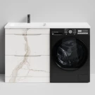 Тумба Смайл 130 напольный, под стиральную машину, левая, Мрамор Белый натур милк ПВХ 2537 Vodok с раковиной в комплекте