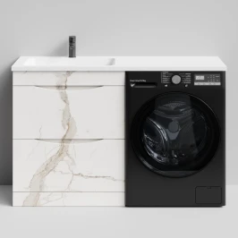 Тумба Смайл 130 напольный, под стиральную машину, левая, Мрамор Белый натур милк ПВХ 2537 Vodok с раковиной в комплекте
