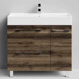 Тумба Мальта 90 напольный, ящики и дверь, Дуб крымский коричневый ПВХ 131005-9005, правый Vodok с раковиной в комплекте