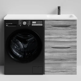 Тумба Смайл 110 напольный, под стиральную машину, правая, Лиственница структурная контрастно-серая ПВХ 64202 Vodok с раковиной в комплекте