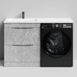 Тумба Смайл 130 напольный, под стиральную машину, левая, Мрамор Белый софт тач 4044-2 Vodok с раковиной в комплекте