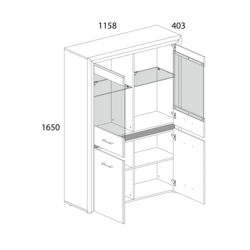 WHITEBLACK, Шкаф с витриной 2V2D. Цвет БЕЛЫЙ / БЕЛЫЙ ГЛЯНЕЦ