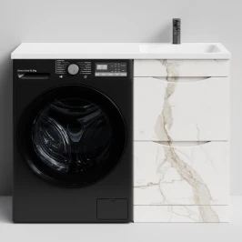 Тумба Смайл 110 напольный, под стиральную машину, правая, Мрамор Белый натур милк ПВХ 2537 Vodok с раковиной в комплекте