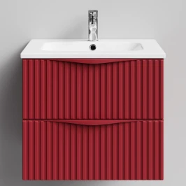 Тумба Эйфория 60 F6, пример RAL 3004 Пурпурно-красный, матовая, 2 ящика, подвесной Vodok с раковиной в комплекте