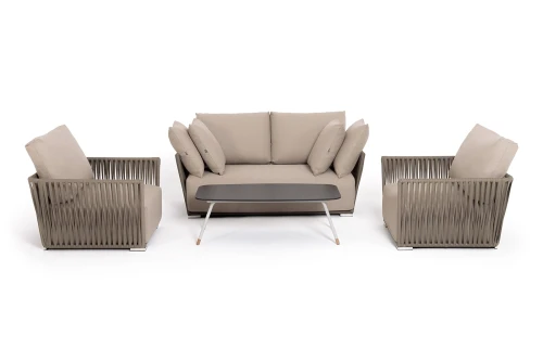 "Форли" лаунж-зона 4-местная плетеная из роупа (веревки), каркас алюминиевый светло-серый, роуп серо-коричневый