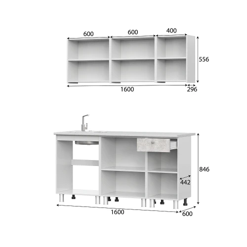 Кухонный гарнитур КГ 1 (1.6 м), Белый, Цемент светлый