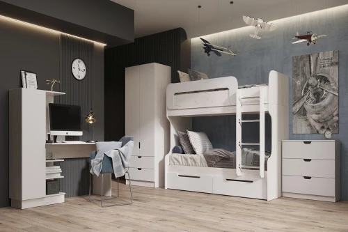Кровать двухъярусная Юниор-4, Шарли Белый, Дуб Крафт Белый
