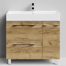 Тумба Мальта 90 напольный, ящики и дверь, Дуб Тортуга ПВХ 2357-43, правый Vodok с раковиной в комплекте