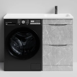 Тумба Смайл 110 напольный, под стиральную машину, правая, Мрамор Белый софт тач 4044-2 Vodok с раковиной в комплекте