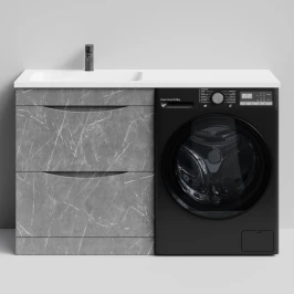 Тумба Смайл 130 напольный, под стиральную машину, левая, Мрамор Серый софт тач ПВХ 4044-1 Vodok с раковиной в комплекте