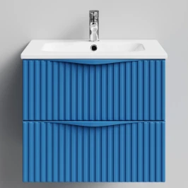 Тумба Эйфория 60 F6, пример RAL 5019 Капри синий, матовая, 2 ящика, подвесной Vodok с раковиной в комплекте