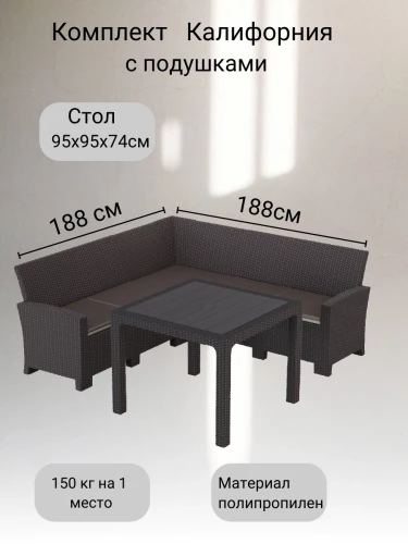 Комплект мебели с угловым диваном под ротанг Калифорния “California“ 188х188 см 5 места с подушками на спинку и со столом 95х95 см