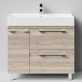 Тумба Мальта 90 напольный, ящики и дверь, Дубослив ореховый светлый ПВХ 3445, левый Vodok с раковиной в комплекте