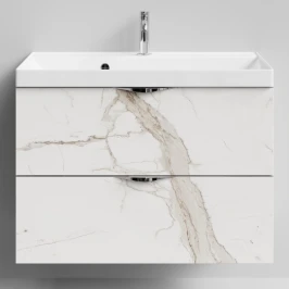 Тумба Марко 80 подвесной, ручки Хром, Мрамор Белый натур милк ПВХ 2537 Vodok с раковиной в комплекте