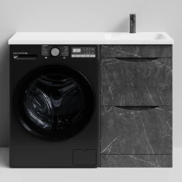 Тумба Смайл 110 напольный, под стиральную машину, правая, Мрамор Графит софт тач ПВХ 4044-3 Vodok с раковиной в комплекте