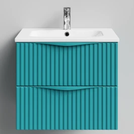 Тумба Эйфория 60 F6, пример RAL 5021 Водная синь, матовая, 2 ящика, подвесной Vodok с раковиной в комплекте