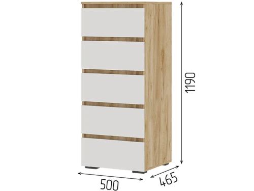 Комод «Хелен» КМ-03 5 ящиков, белый/дуб крафт золотой