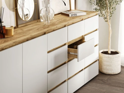 Комод «Хелен» КМ-03 5 ящиков, белый/дуб крафт золотой